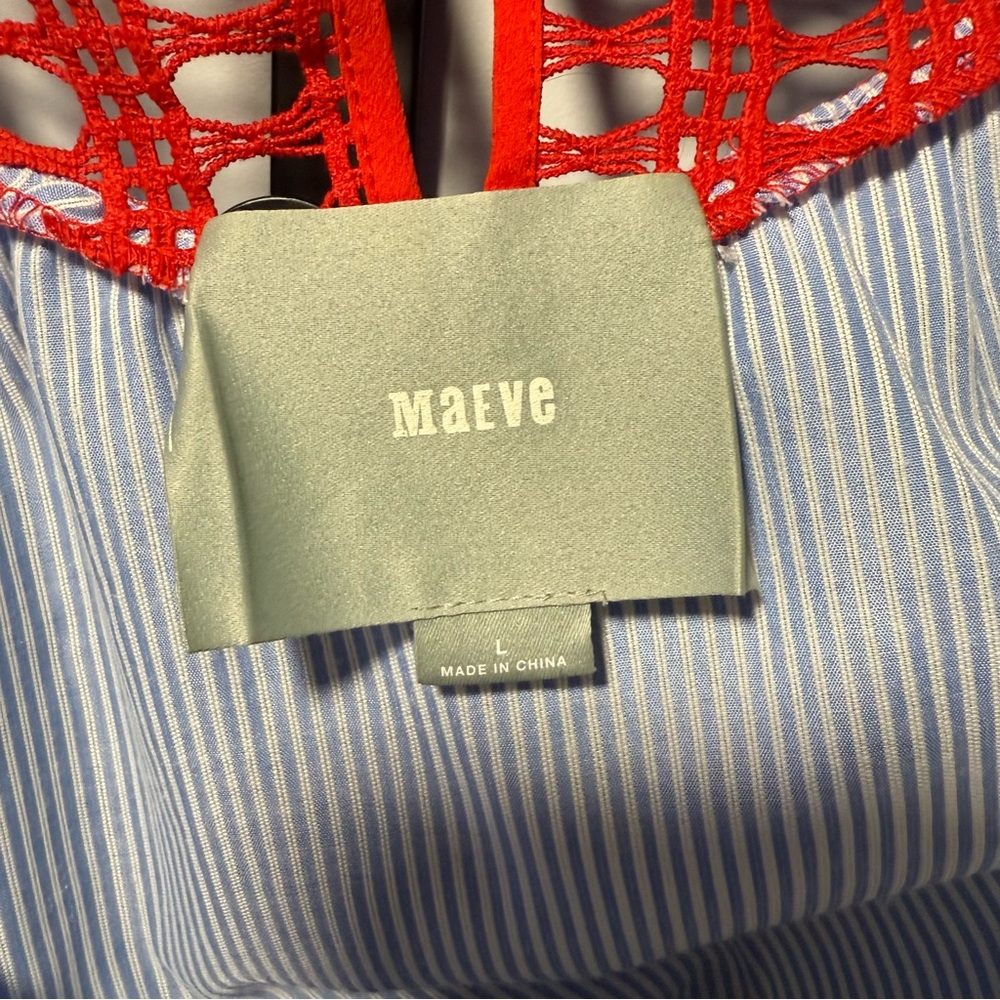 Anthropologie Red Crochet & Blue Stripe Cap-Sleeve Blouse - Picture 5 of 6